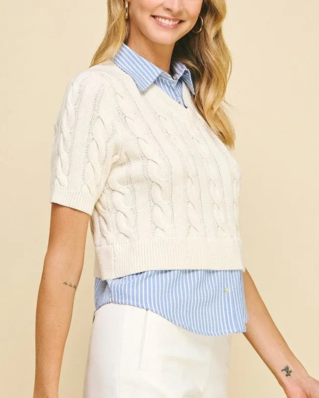 Striped Shirt & Cable Knit Sweater Combo - Off White/Blue