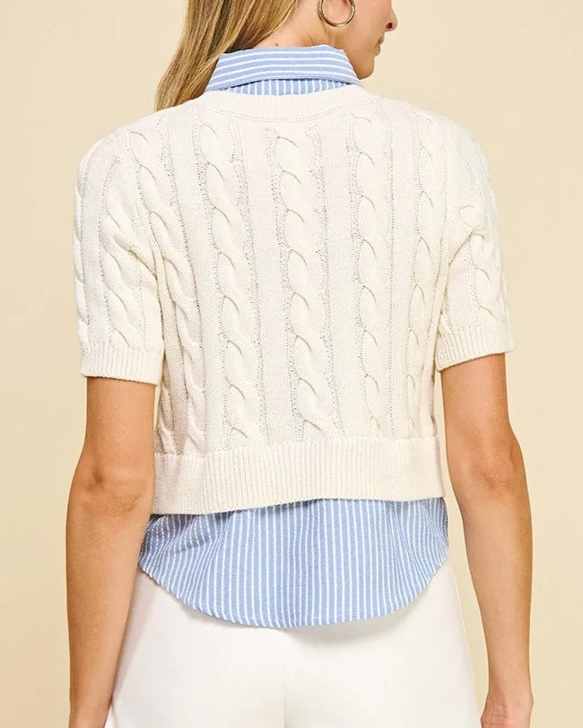 Striped Shirt & Cable Knit Sweater Combo - Off White/Blue