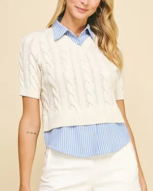 Striped Shirt & Cable Knit Sweater Combo - Off White/Blue