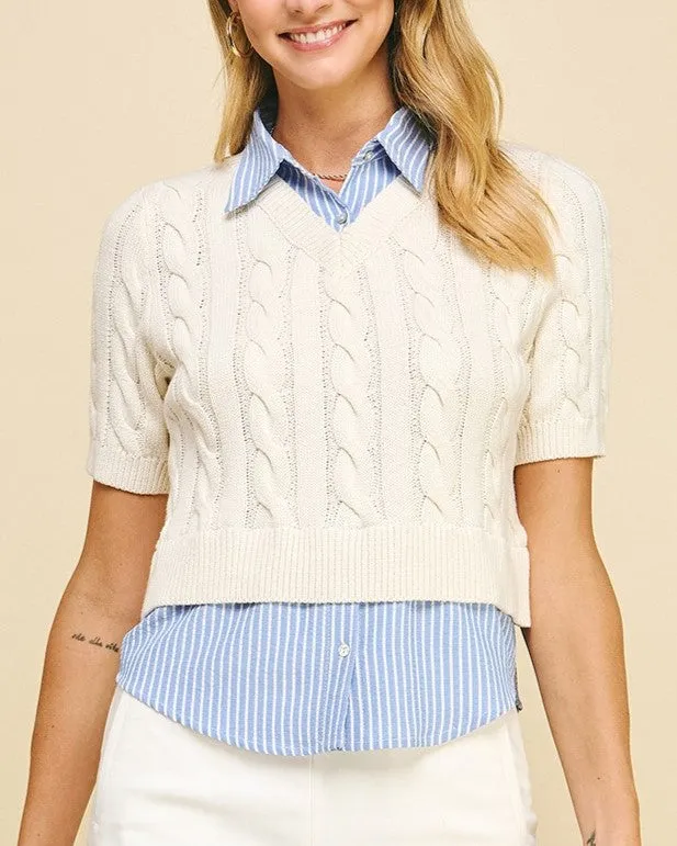 Striped Shirt & Cable Knit Sweater Combo - Off White/Blue