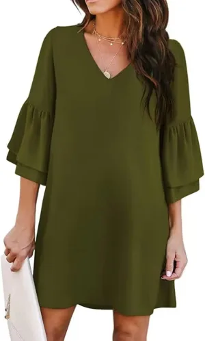 Summer Dresses for Women Casual V Neck Ruffle 3/4 Sleeve Mini Dress Elegant Baggy Solid Color Beach Shift Sundress