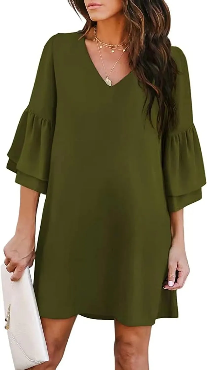 Summer Dresses for Women Casual V Neck Ruffle 3/4 Sleeve Mini Dress Elegant Baggy Solid Color Beach Shift Sundress