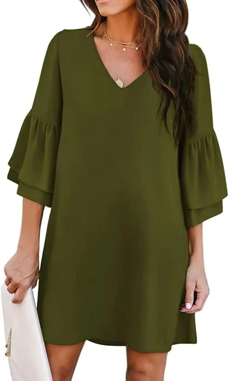 Summer Dresses for Women Casual V Neck Ruffle 3/4 Sleeve Mini Dress Elegant Baggy Solid Color Beach Shift Sundress