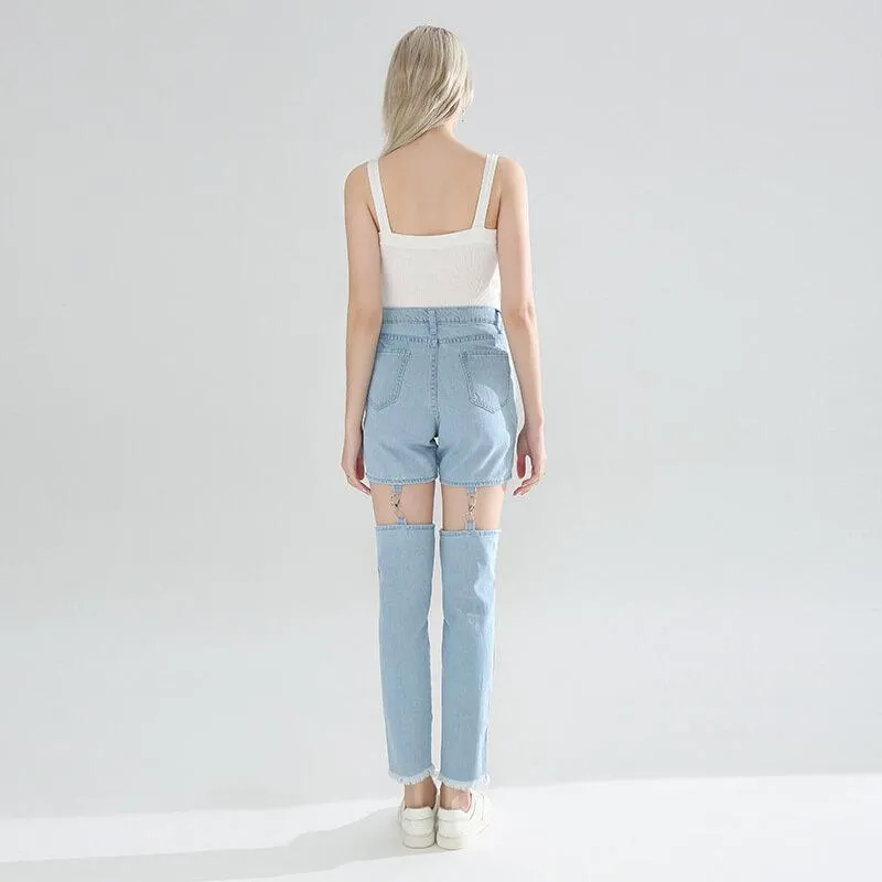 Summer High Waist Cutout Buckle Denim Pegged Pants