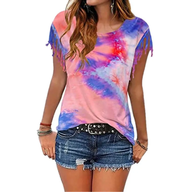 Summer Tie Dye Fringe Short Sleeve T-shirts