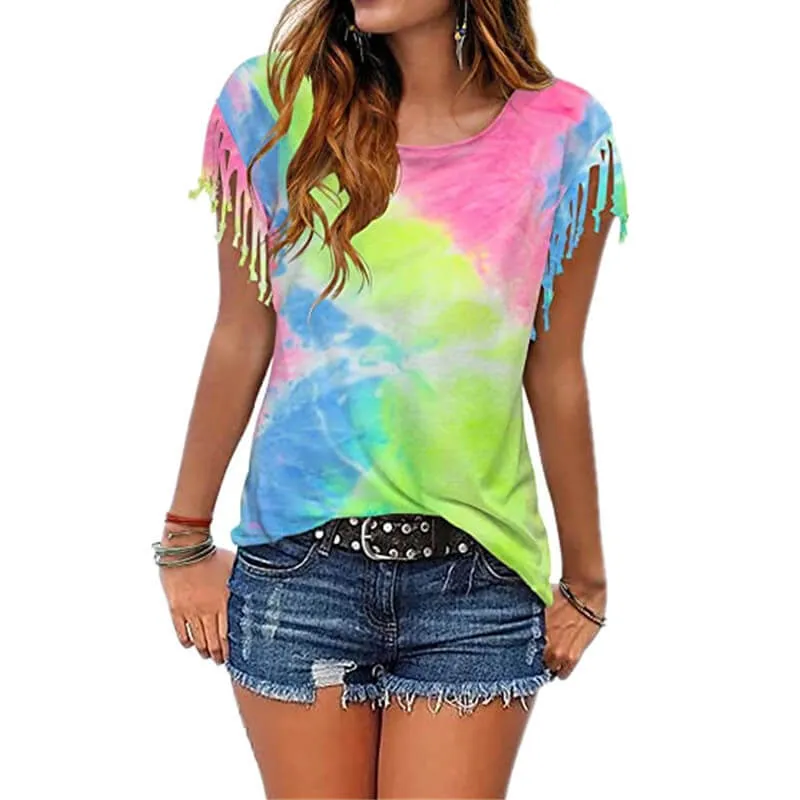 Summer Tie Dye Fringe Short Sleeve T-shirts
