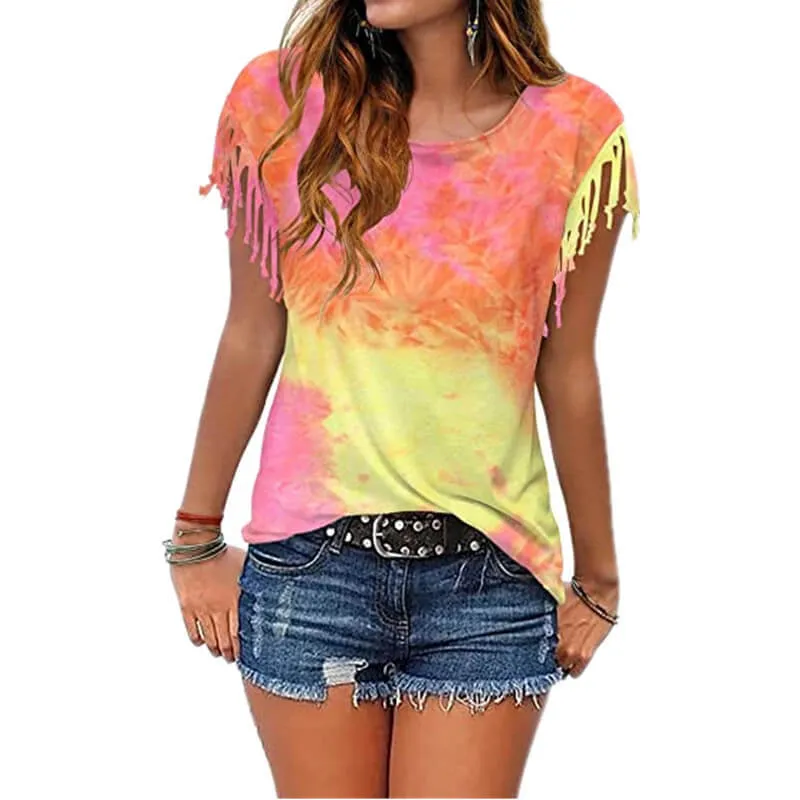 Summer Tie Dye Fringe Short Sleeve T-shirts
