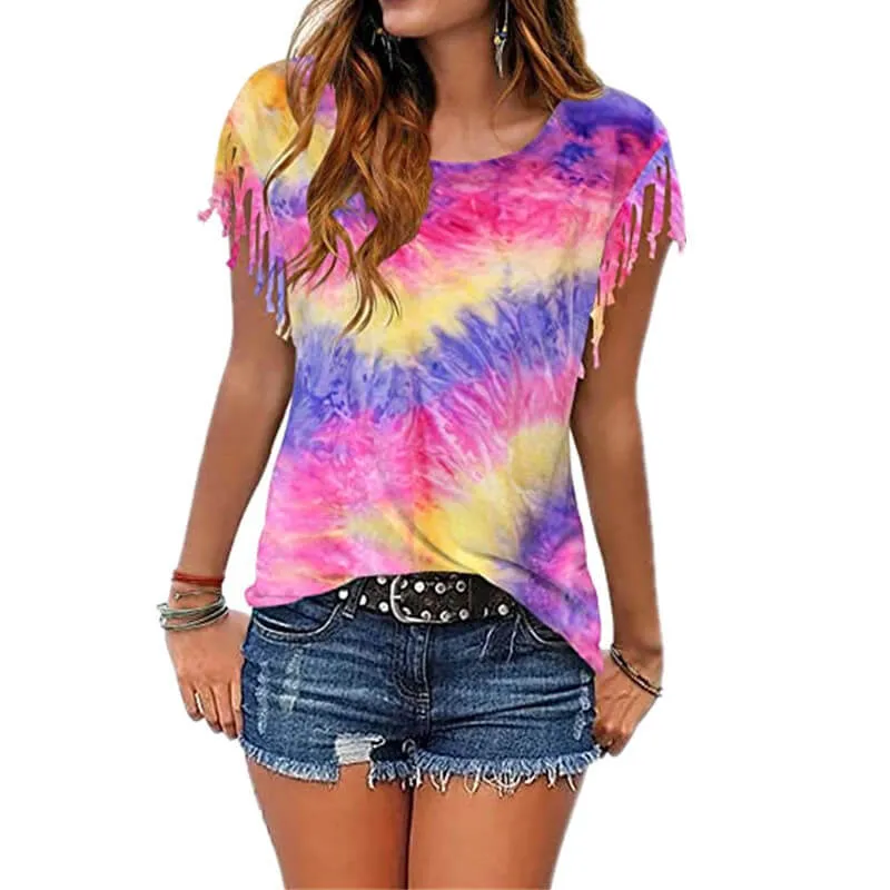 Summer Tie Dye Fringe Short Sleeve T-shirts