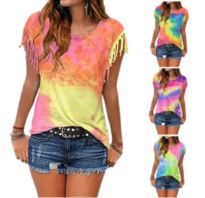 Summer Tie Dye Fringe Short Sleeve T-shirts