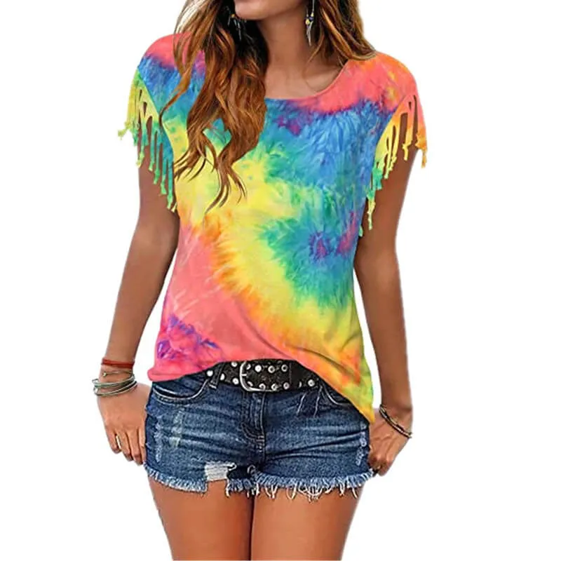 Summer Tie Dye Fringe Short Sleeve T-shirts