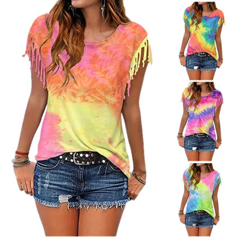 Summer Tie Dye Fringe Short Sleeve T-shirts