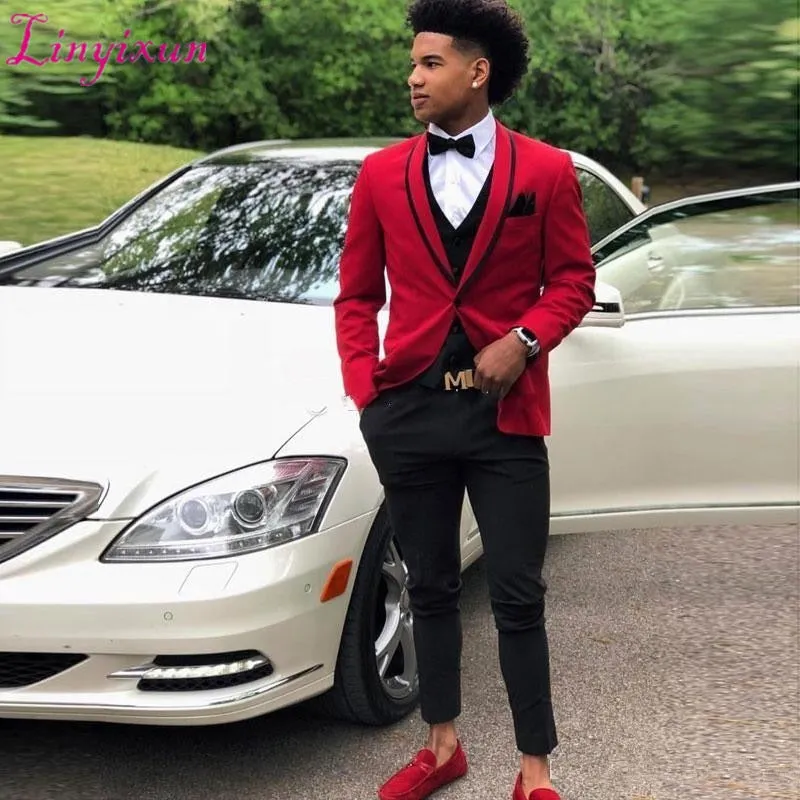 Tuxedos Red Men 3 Piece Suit Shawl Lapel Bridegroom Blazer