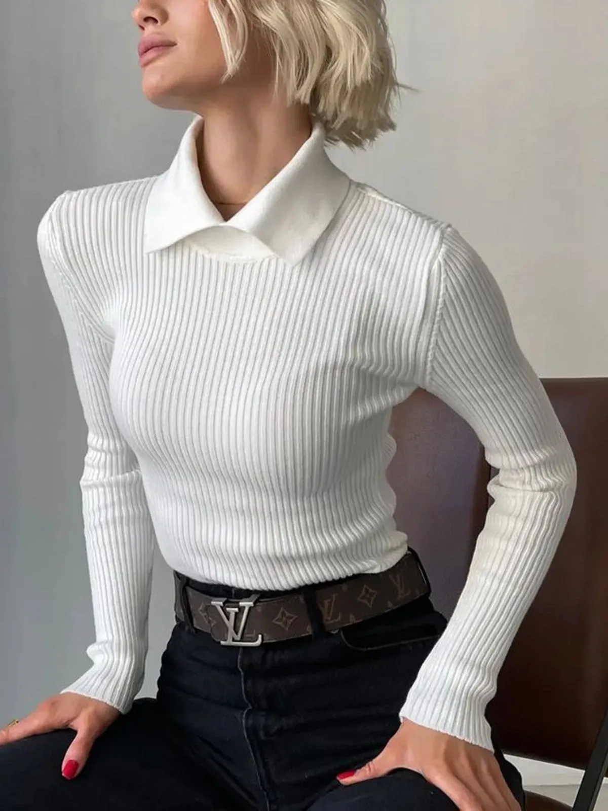 Vanilla Polo Long Trendy Sleeve Knit Top