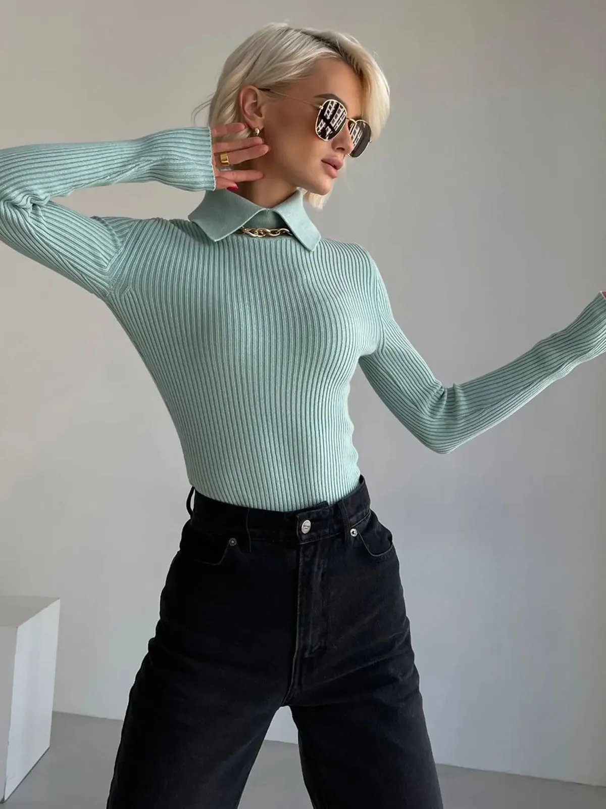 Vanilla Polo Long Trendy Sleeve Knit Top