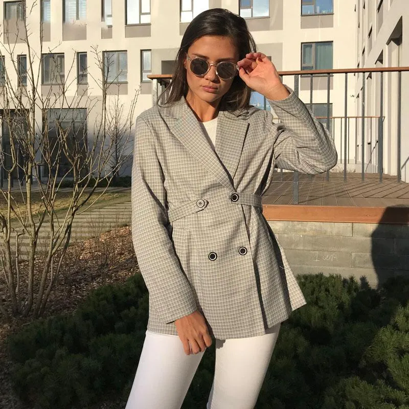 Vintage Double-breasted Women Blazer Elegant Women Suit Jacket Spring Plaid Jacket Female Office Ladies Outerwear