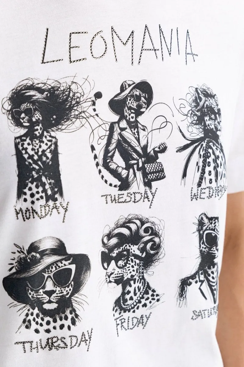 Weißes T-Shirt mit schwarzem Leo-Print