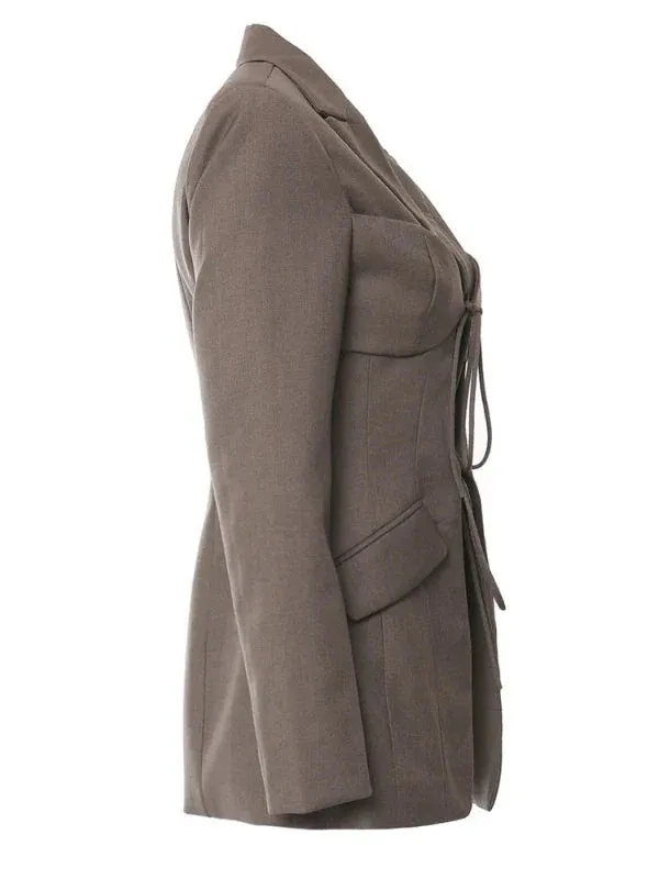 Wenkouban-Winter outfits Christmas Notched Collar Front Bow Tie-Up Brown Blazer Jacket
