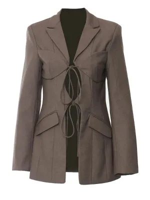 Wenkouban-Winter outfits Christmas Notched Collar Front Bow Tie-Up Brown Blazer Jacket