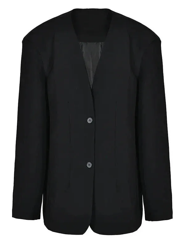 Wenkouban-Winter outfits Christmas V-Neck Two Button Oversized Black Blazer Jacket