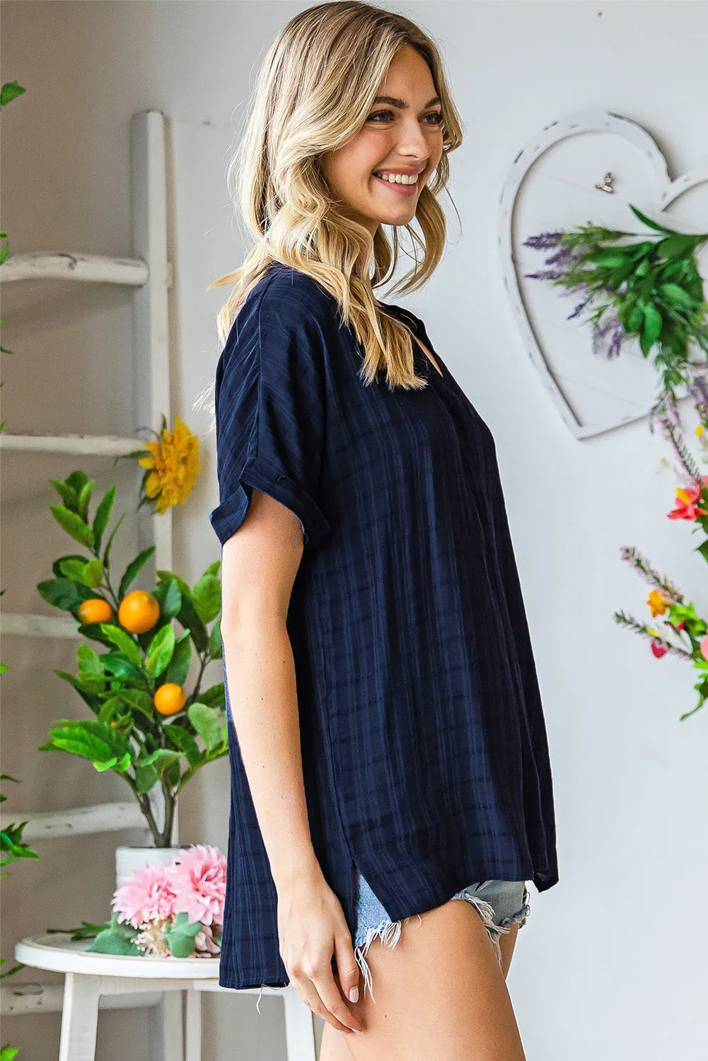 White Striped Print Casual Back Pleated Side Split Blouse