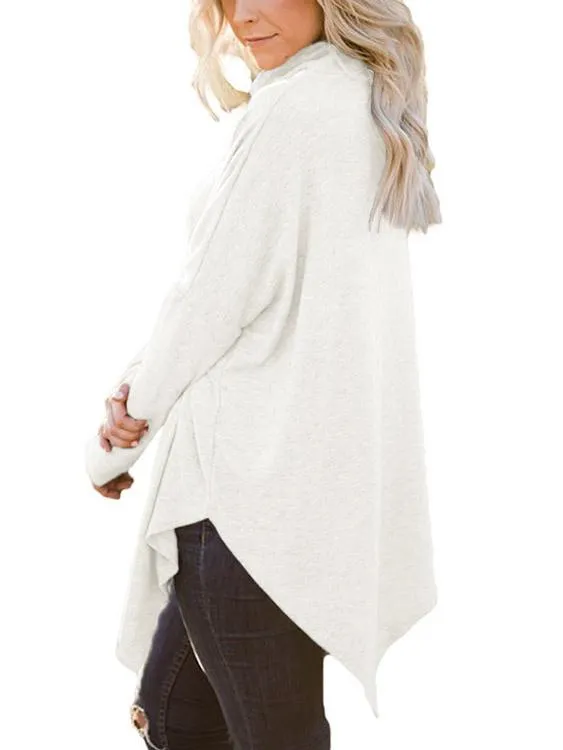 Wholesale Perkins Collar Long Sleeve Irregular Hem Top