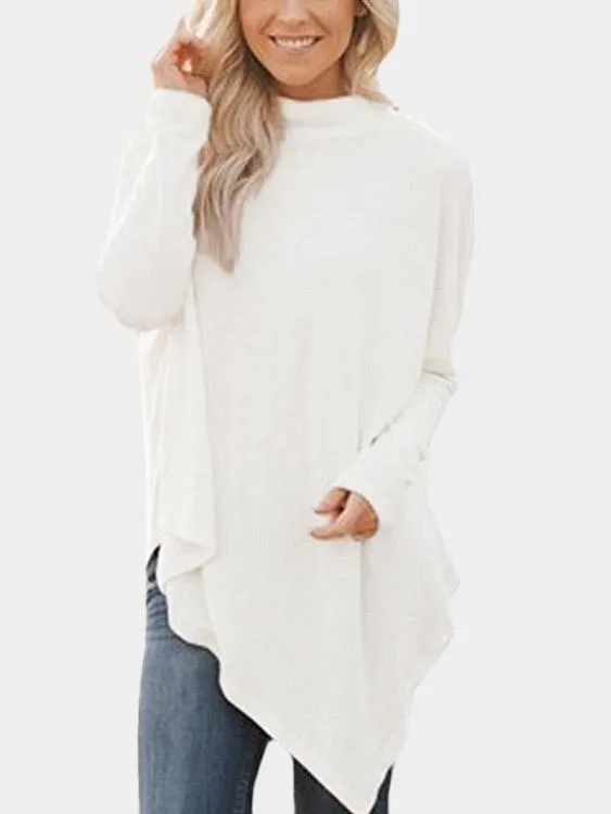 Wholesale Perkins Collar Long Sleeve Irregular Hem Top