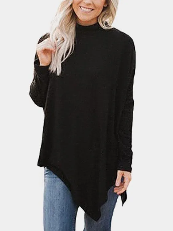 Wholesale Perkins Collar Long Sleeve Irregular Hem Top