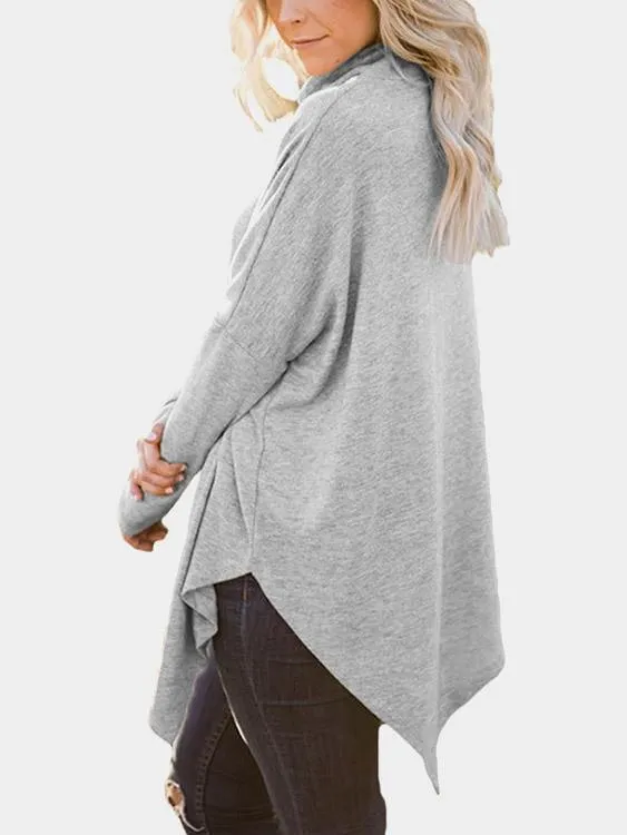 Wholesale Perkins Collar Long Sleeve Irregular Hem Top