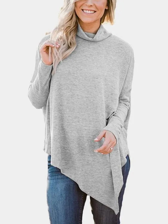 Wholesale Perkins Collar Long Sleeve Irregular Hem Top