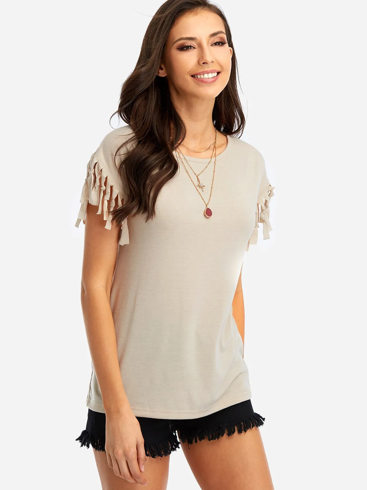 Wholesale Scoop Neck Plain Tassel Short Sleeve T-Shirts