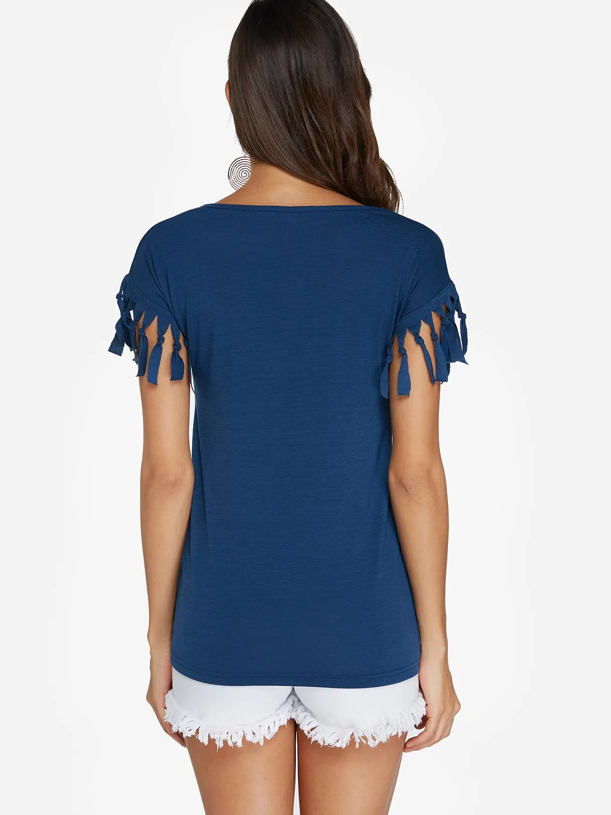 Wholesale Scoop Neck Plain Tassel Short Sleeve T-Shirts