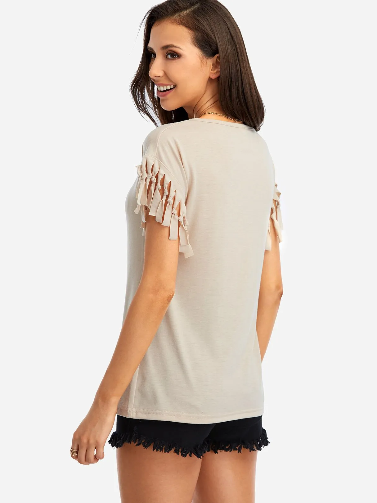 Wholesale Scoop Neck Plain Tassel Short Sleeve T-Shirts