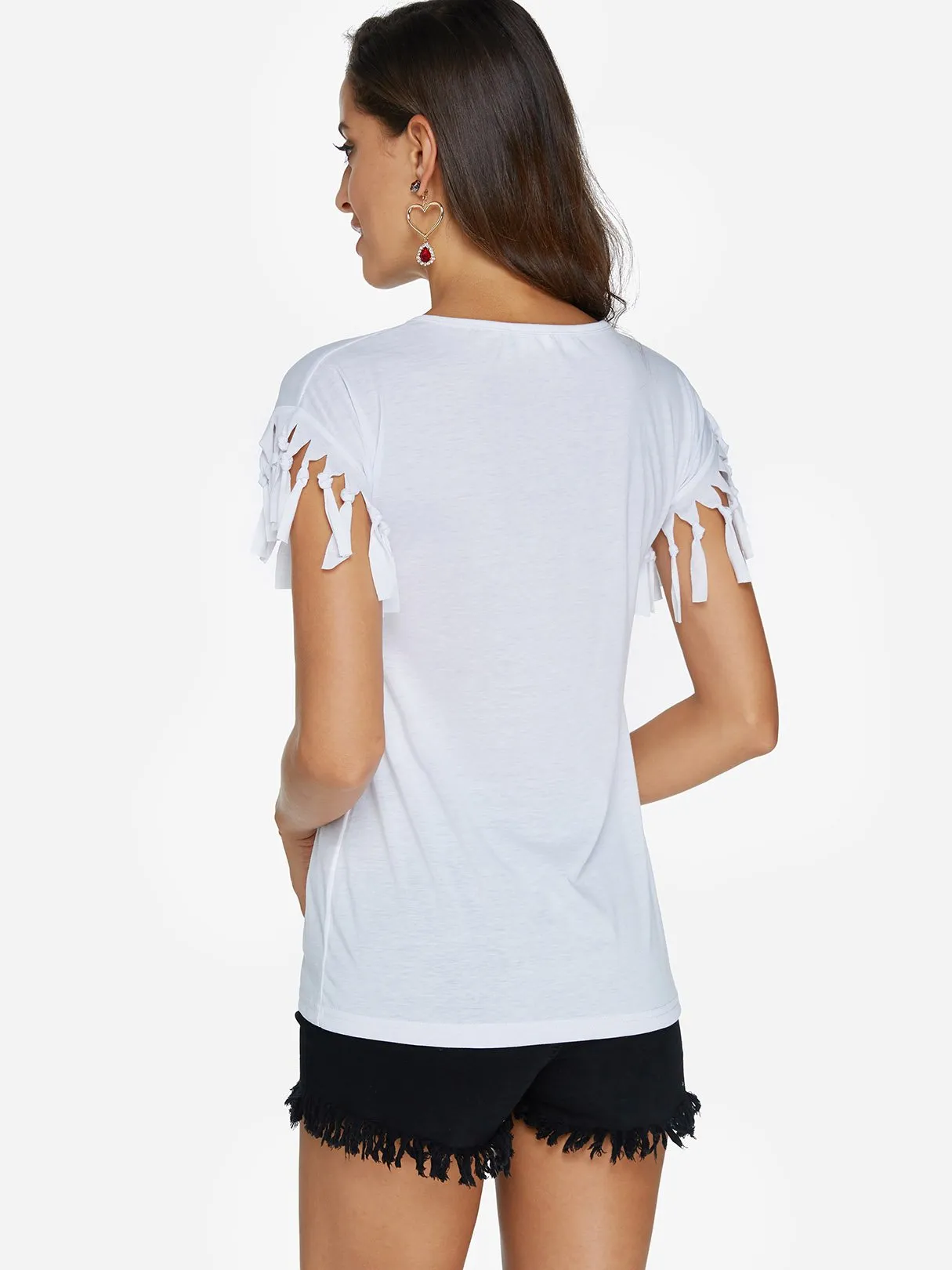 Wholesale Scoop Neck Plain Tassel Short Sleeve T-Shirts