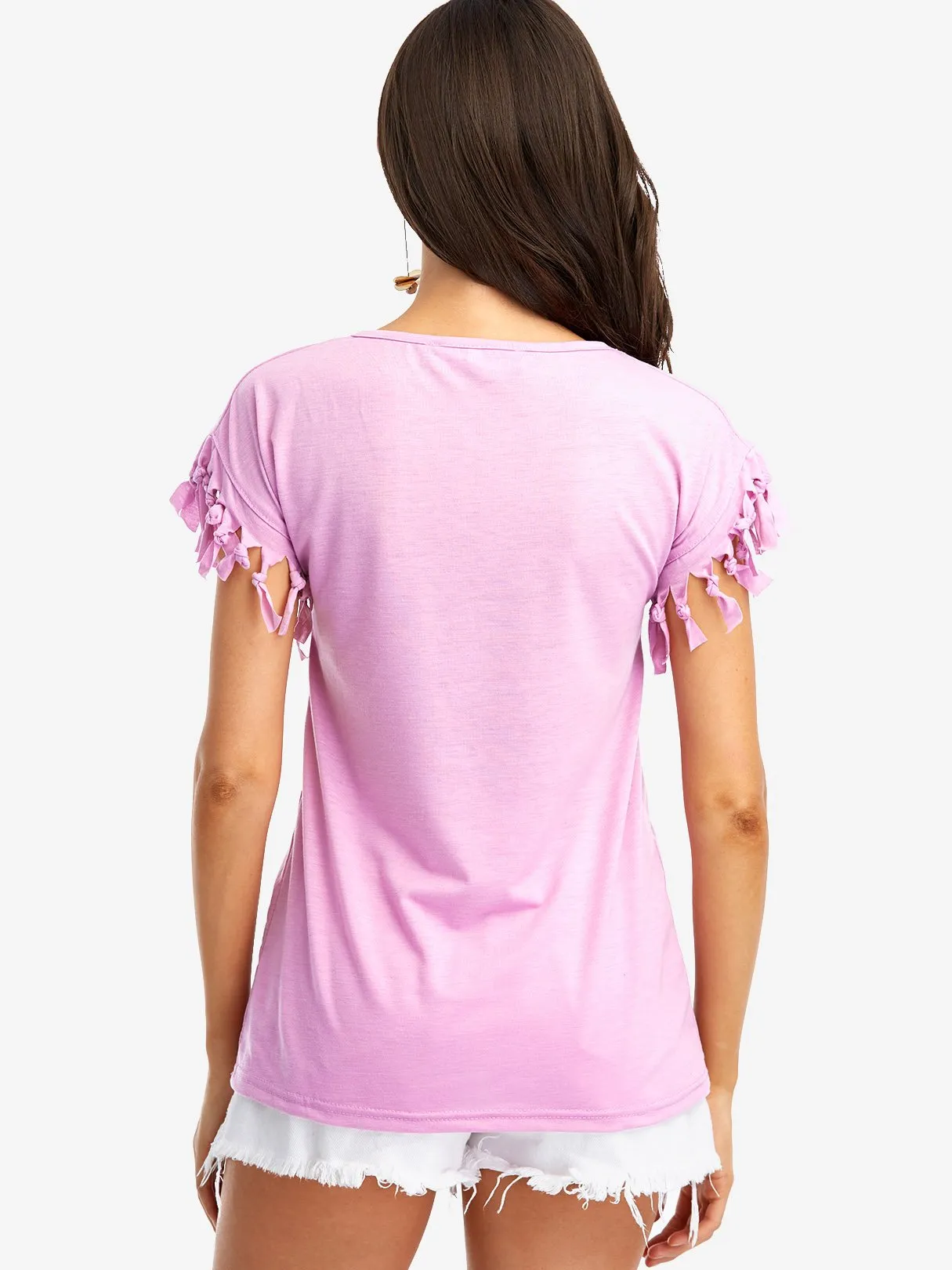 Wholesale Scoop Neck Plain Tassel Short Sleeve T-Shirts