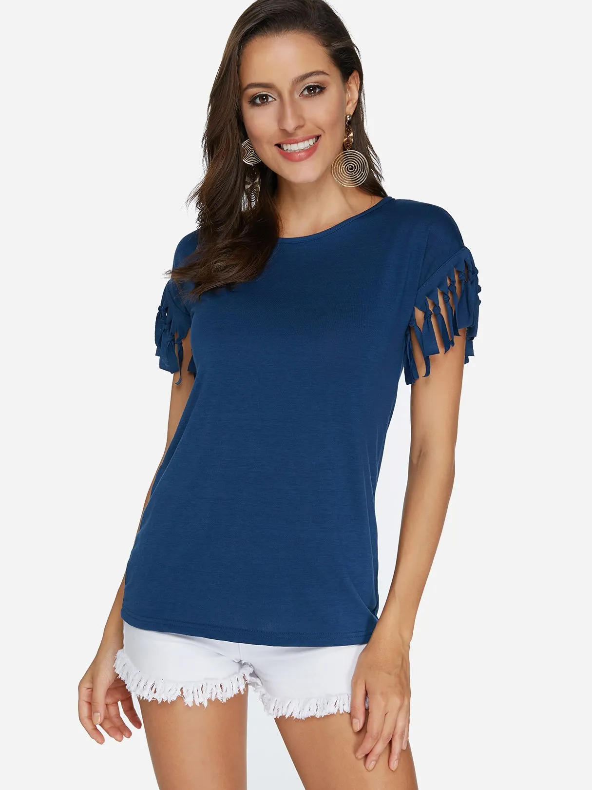 Wholesale Scoop Neck Plain Tassel Short Sleeve T-Shirts