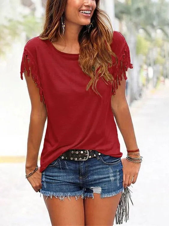 Wholesale Scoop Neck Plain Tassel Short Sleeve T-Shirts