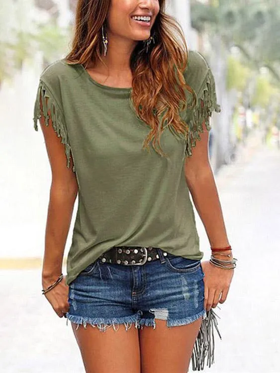 Wholesale Scoop Neck Plain Tassel Short Sleeve T-Shirts