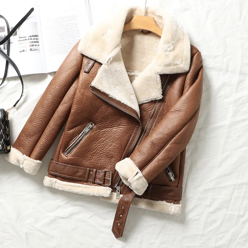 Winter Thick Warm Faux Leather Jackets Women Outerwear Overcoat