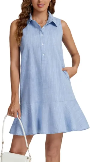 Women Sleeveless Mini Dress Button Down Shirt Dress V Neck Reffle Hem Cotton Linen Tunic Short Dress