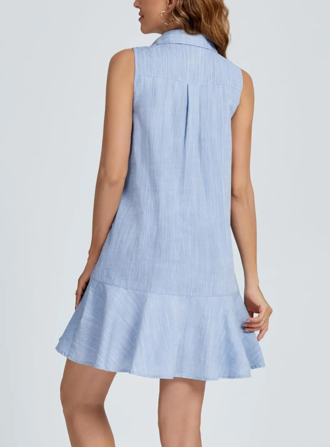 Women Sleeveless Mini Dress Button Down Shirt Dress V Neck Reffle Hem Cotton Linen Tunic Short Dress