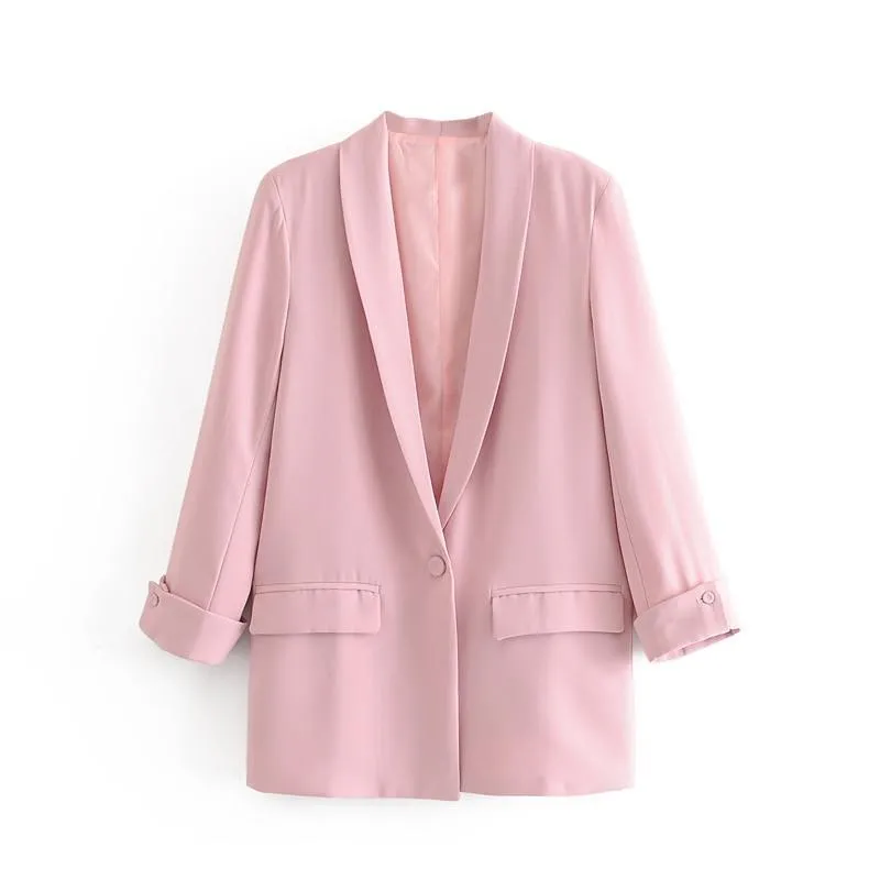 Women Solid Color Long Blazer Jacket Pleated Sleeve Loose Coat Office Lady Work Style Small Suit Single Button Blazer
