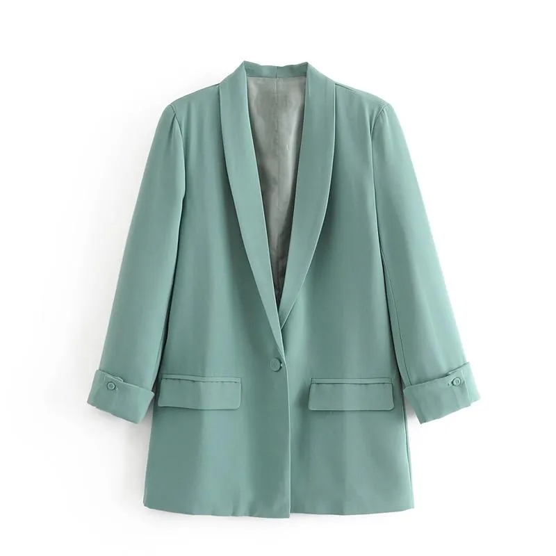 Women Solid Color Long Blazer Jacket Pleated Sleeve Loose Coat Office Lady Work Style Small Suit Single Button Blazer