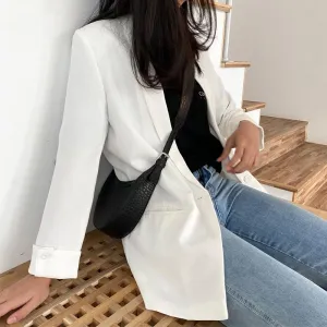 Women Solid Color Long Blazer Jacket Pleated Sleeve Loose Coat Office Lady Work Style Small Suit Single Button Blazer