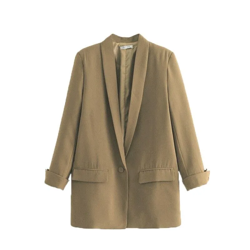 Women Solid Color Long Blazer Jacket Pleated Sleeve Loose Coat Office Lady Work Style Small Suit Single Button Blazer