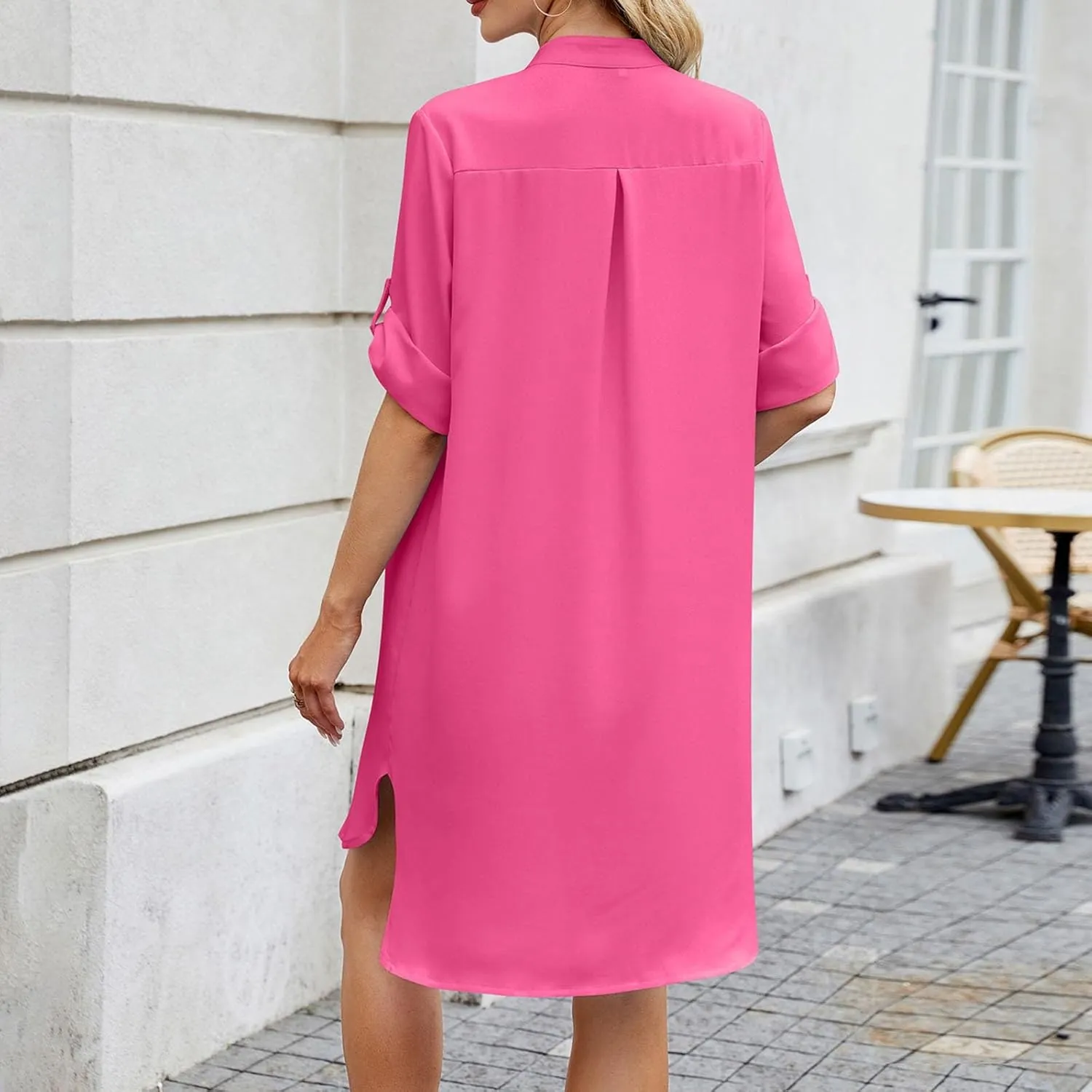 Women Striped Shirt Dress Casual Collar V Neck Button Down Long Sleeve Shift Midi Dress Ruffle Flowy with Pockets