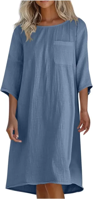 Women's Casual 3/4 Sleeve Summer Dress Loose Fit Round Neck Beach Vacation Shift Flowy Midi Dresses with Pocket