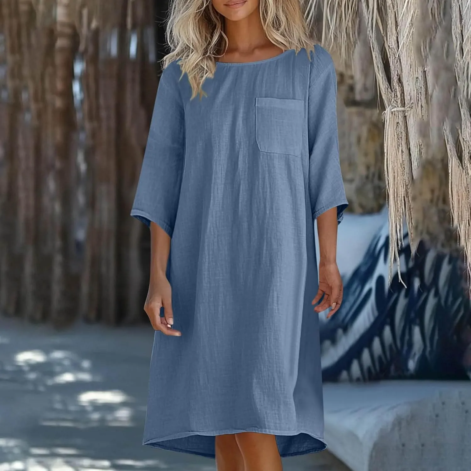 Women's Casual 3/4 Sleeve Summer Dress Loose Fit Round Neck Beach Vacation Shift Flowy Midi Dresses with Pocket
