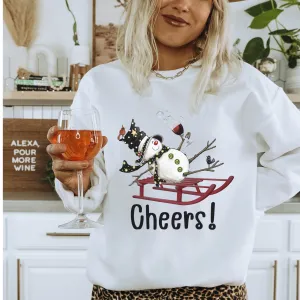 Women's Christmas Snowman on a Sled Crewneck Sweatshirt Cute Warm and Cozy Gildan® Pullover Snowman Wine Christmas or Winter Shirt