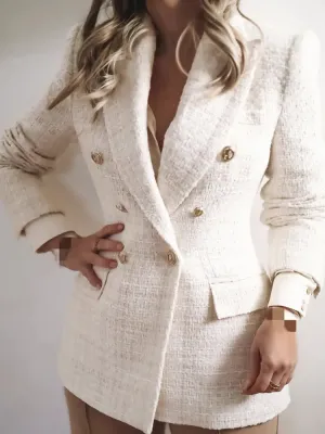 Women’s Double Breasted Button Up Beige Tweed Blazer