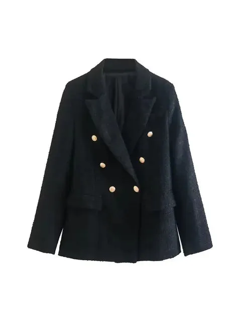 Women’s Double Breasted Button Up Beige Tweed Blazer